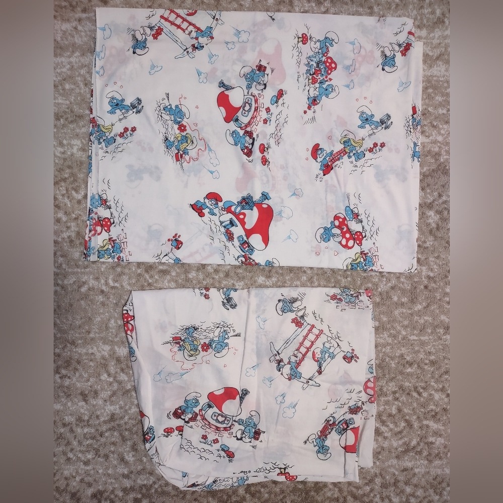 Vintage Smurfs Flat And Fitted Sheet Set Cotton Blend Made In Canada Rare